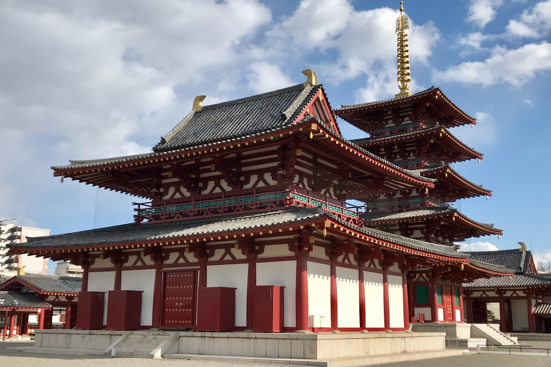 Shitennō-ji temple roof details against the sky