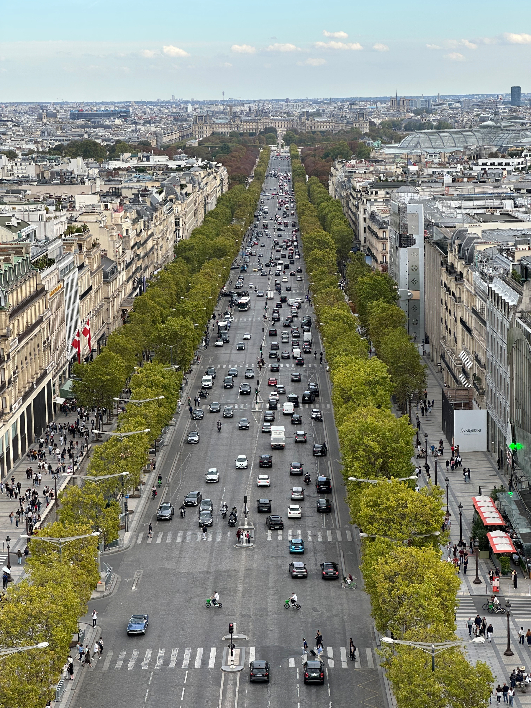 A wide, tree-lined avenue bustling with traffic and pedestrians stretches toward a distant urban skyline under a clear sky.