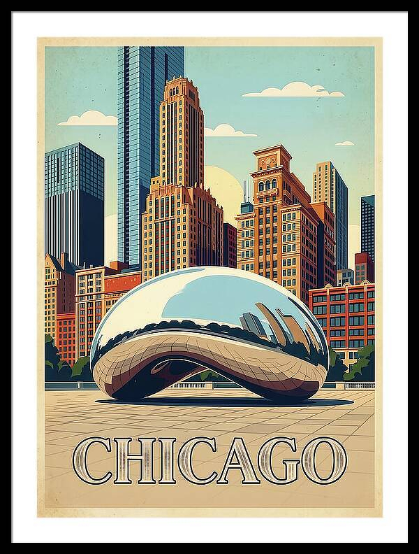 A stylized illustration of Chicago showcases the iconic Cloud Gate sculpture, also known as The Bean, with a backdrop of city skyscrapers and the word CHICAGO prominently displayed below.
