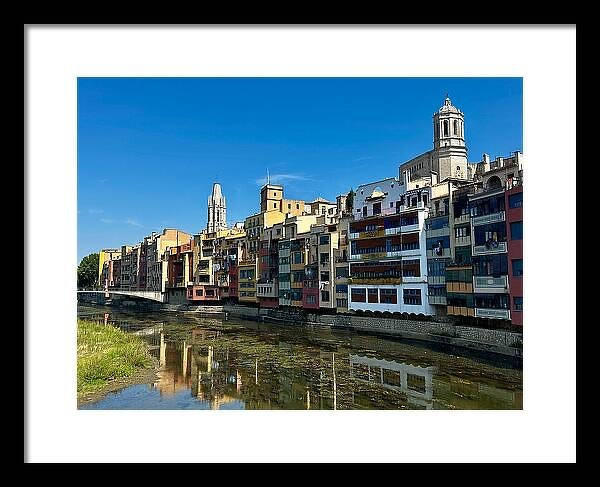 Girona colorful hanging houses and sant feliu basilica tower in catalonia spain fine art print travel essayist