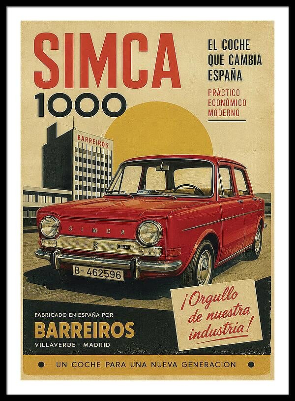 Simca 1000 vintage poster spanish classic car on a mountain road travel essayist.