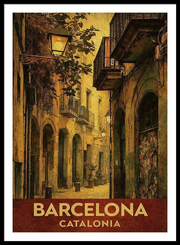 Vintage travel poster barcelona streets gothic quarter catalonia spain artscape gallery.