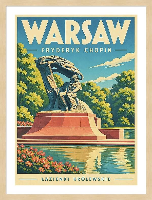 Vintage travel poster print chopin monument warsaw poland artscape gallery.